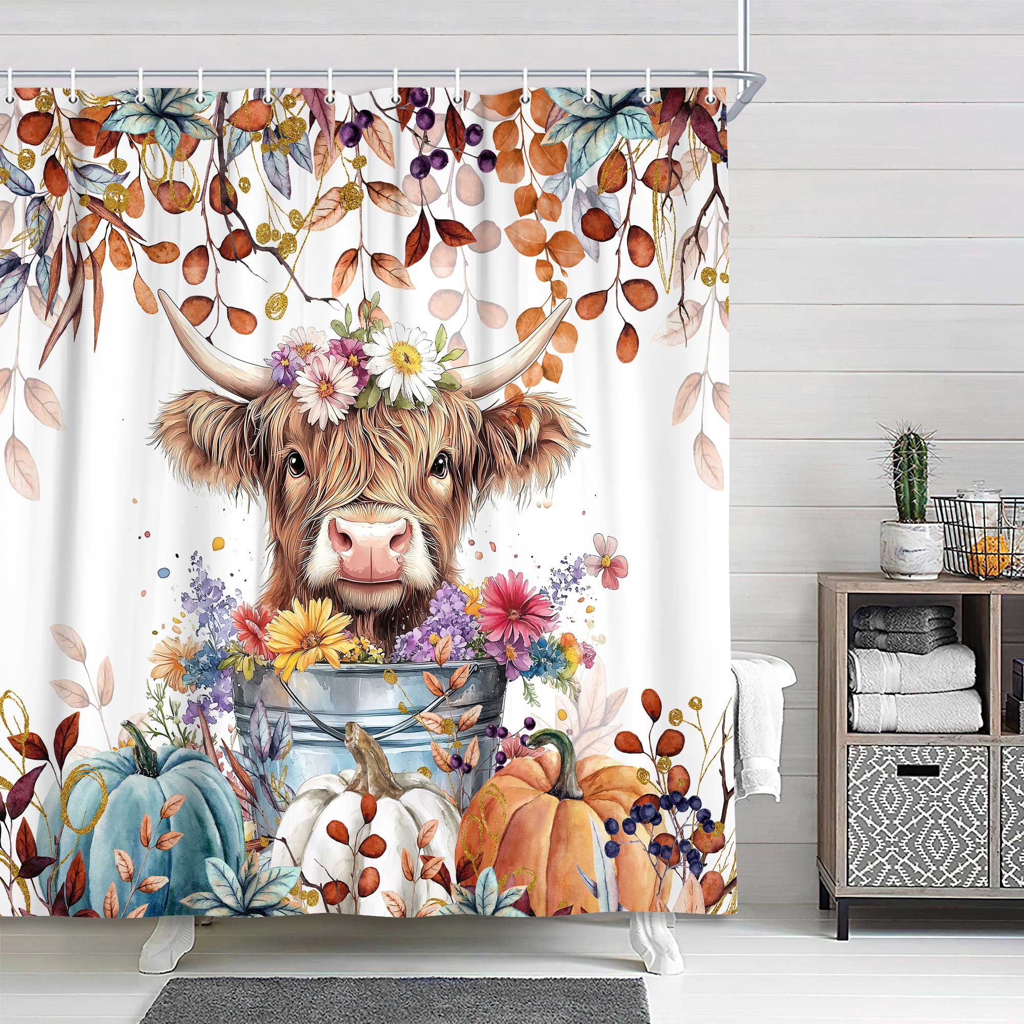 Fall Highland Cow Pumpkin Shower Curtain, Autumn Farmhouse Harvest Thanksgiving Bath Curtain, Maple Leaves Funny Animals Bathroom Accessories Botanical for Bathroom Curtain Set with Hooks, 60X70in