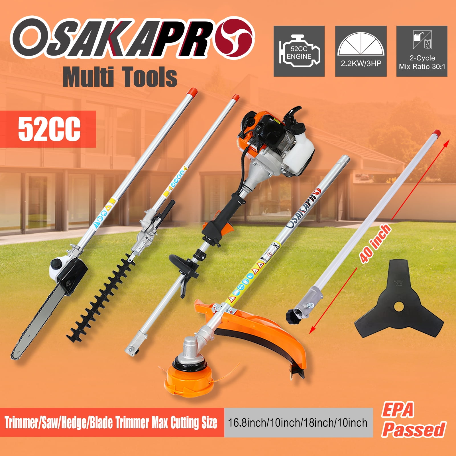 Tookss Multi-Functional Grass Trimmer Kit String Trimmer Brush Cutter For Home Garden Yard Care Trimming Tool 52CC 2-Cycle Tool System