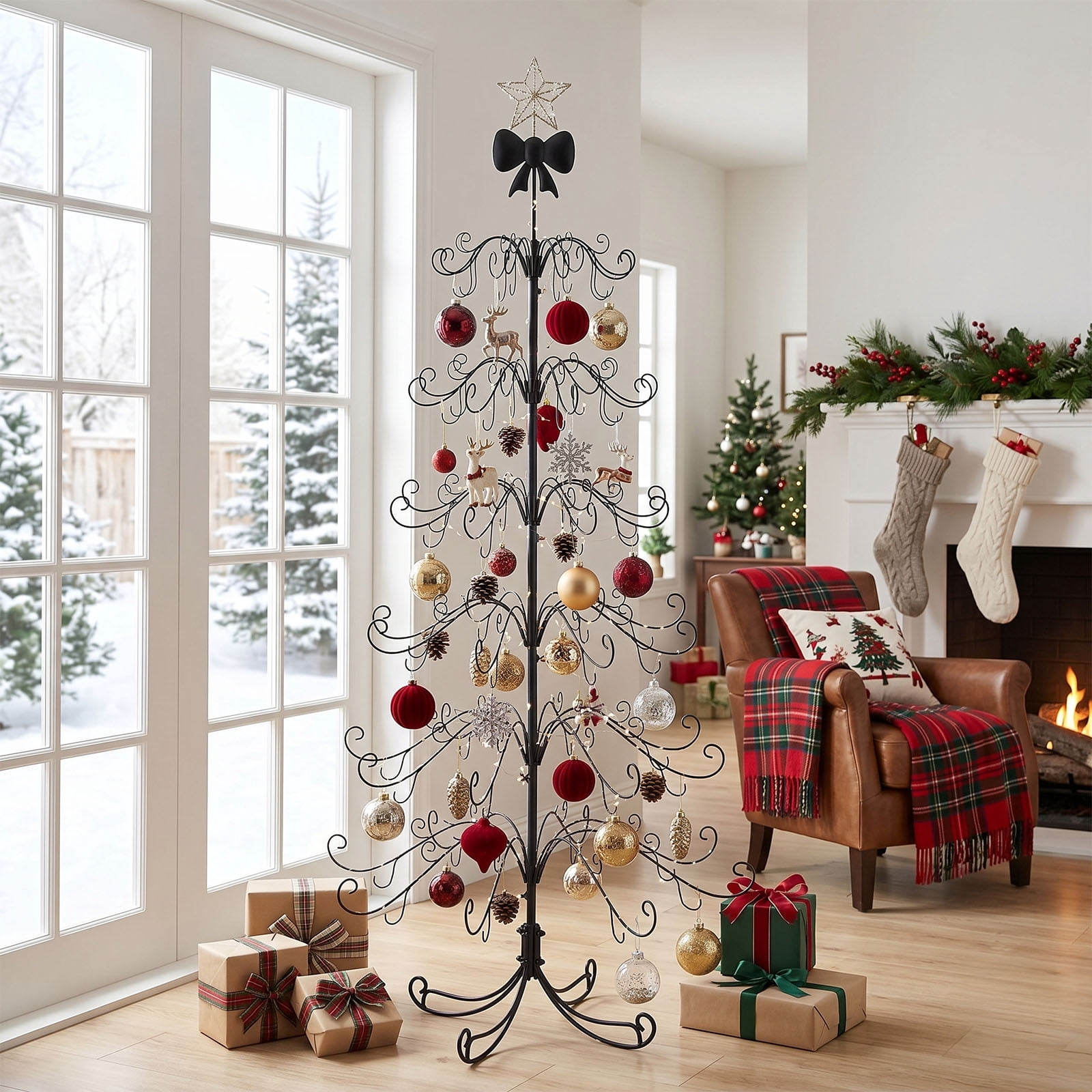 6ft PVC Metal Artificial Christmas Tree with Bow Topper, No Extra Ornaments, Daily Decor Tree, Black