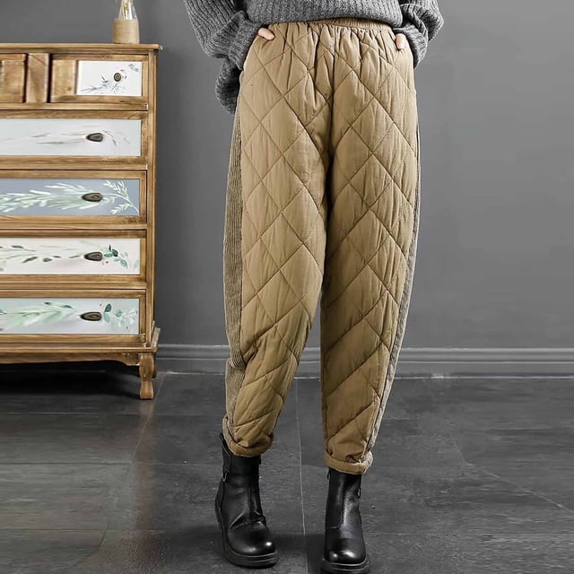 LSLJS Women's Loose and Casual Solid Color Patchwork Elastic Waist Warmth Jacket Cotton Pants