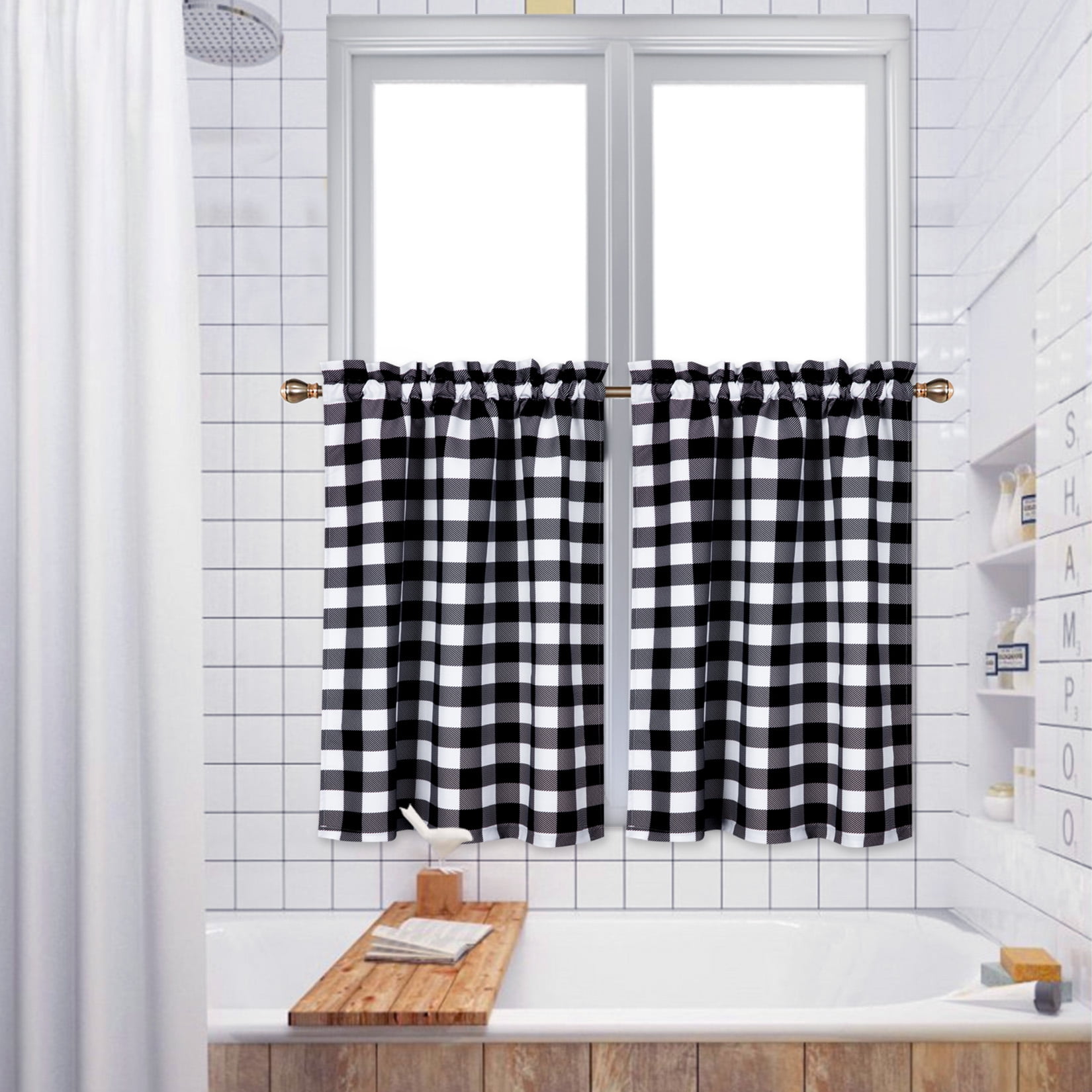  Haperlare Tier Curtains for Kitchen Window, Plaid Gingham  Pattern Short Bathroom Window Curtain, Buffalo Check Yarn Dyed Half Window  Kitchen Cafe Curtains, 28 x 30, Black/White, Set of 2 : Home