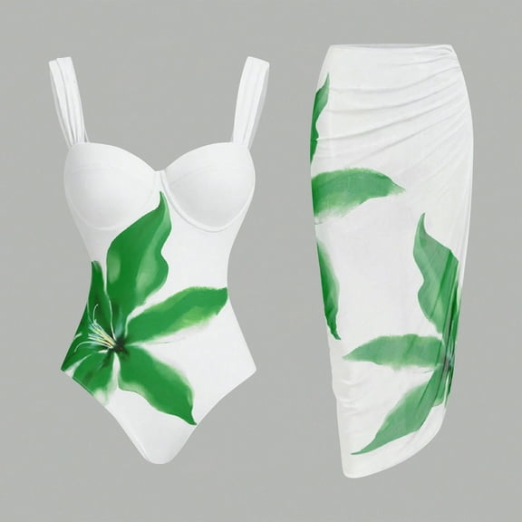 Delliss Women's Summer One Piece Swimsuit Set And Beach Wrap Skirt Trendy Print Bathing Suit