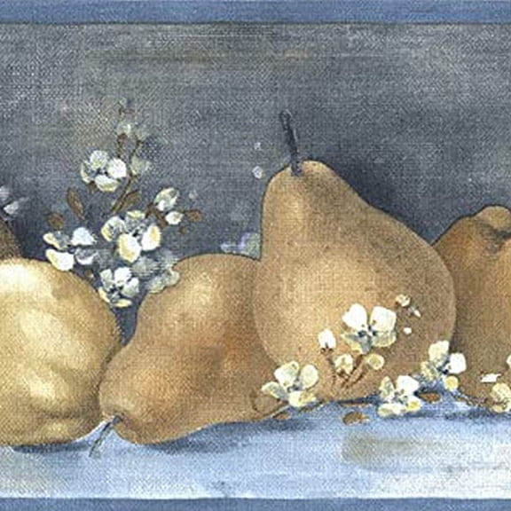 Concord Wallcoverings Wallpaper Border Fruits Pattern Pears Flowers for Kitchen Living Room, Blue Navy White Yellow, 5.25 Inches by 15 Feet BG76304