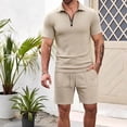 thumbnail image 2 of Riecok Big and Tall Short Sets 2 Piece Lounge Sets Collared Short Sleeve Zip Tops and Drawstring Shorts Loose Outfits Khaki L, 2 of 8