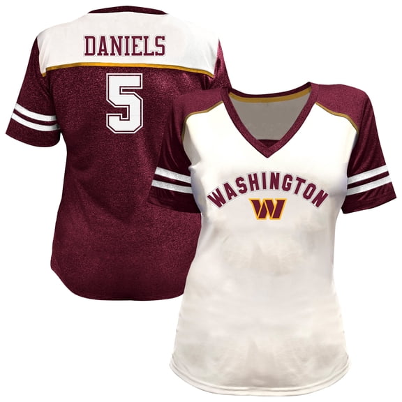 Women's Fanatics Jayden Daniels White Washington Commanders Plus Size Bling V-Neck T-Shirt