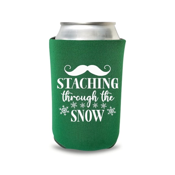 Christmas Can Cooler, "Staching Through The Snow" Design, Holiday Beverage Sleeve, Green