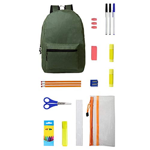 15 Inch Wholesale Backpacks in 6 Assorted Colors with 22 Piece School