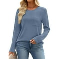 thumbnail image 5 of Guieoi Womens Tops Plus Size Women's Casual Solid Color Round-Neck Pocket Fall/Winter Long Sleeve Blouses Shirts Top Blue Black*Friday/Cyber*Monday, 5 of 7