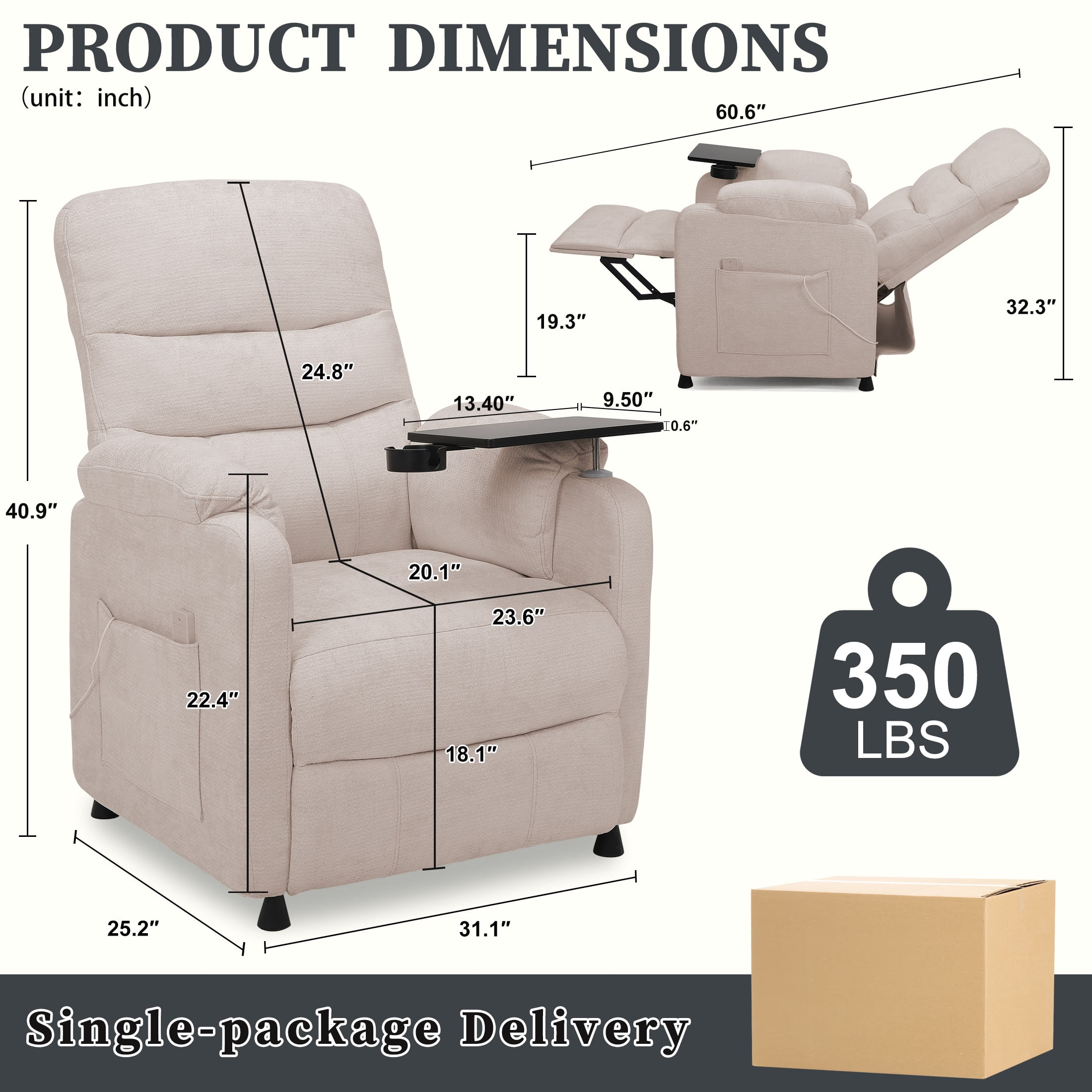 Holaki Power Recliner Chair, Modern Chenille Recliner Chair Swivel Table Top & Built in Cup, Adjustable Home Theater Seating with Lumbar Support, Small Nursery Recliner for Living Room, Beige