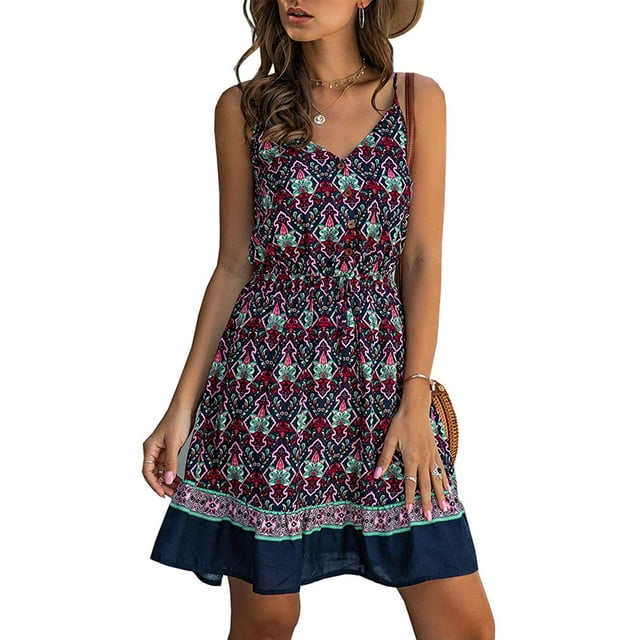 Robe d'Été à Bretelles Spaghetti à Fleurs Col en V Boutonnée Mini Robe Courte à Volants
