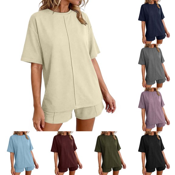 DYTTDG Women's 2-Piece Casual Outfit | Loose Fit Crew Neck Short Sleeve Top & Elastic Waist Shorts Set with Pockets, Summer Lounge Set