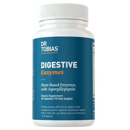 Dr. Tobias Digestive Enzymes with Amylase, Bromelain, Lipase, Lactase, Protease, Papain & More, Digestion Supplement with 18 Enzymes for Digestion and Gut Health, 30 Capsules, 15 Servings