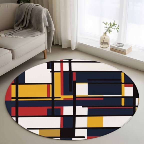 Round Rugs 3.3Ft, Yellow Red Blue Geometric Round Area Rug Washable Indoor Throw Carpet, Modern Color Block Abstract Art Soft Non Slip Circle Rug for Laundry Room Patio Home Decor Aesthetic