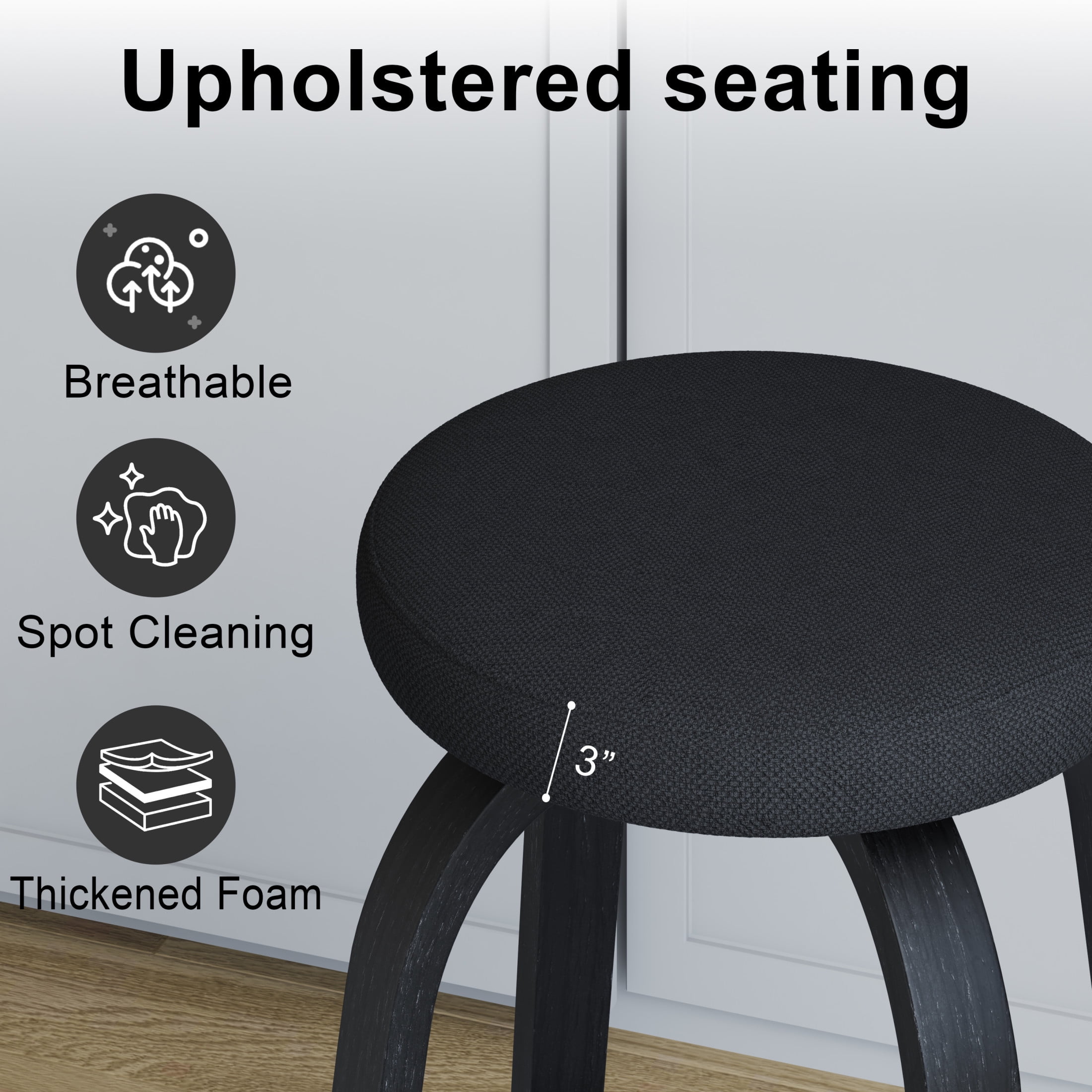 Noble House Florin 26" Swivel Backless Counter Height Bar Stools with Upholstered Seat & Bentwood Legs, Black, Set of 2