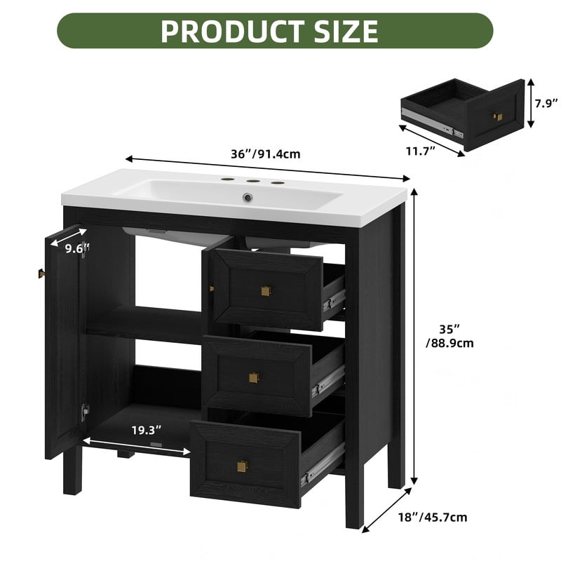 Uforic 36'' Modern Bathroom Vanity with Sink Combo, Freestanding Bathroom Storage Cabinet with Drawers & Doors, Black