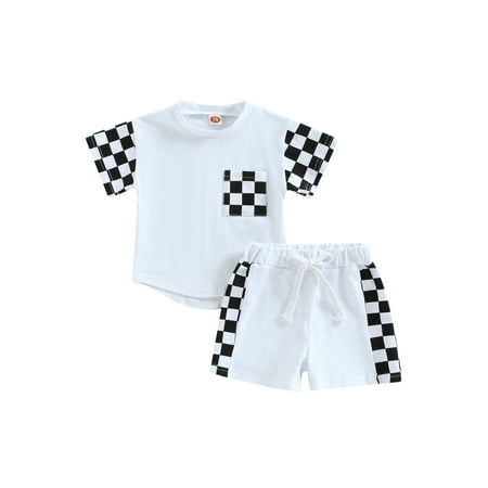 

Newborn Baby Boy Summer Clothes Plaid Patchwork Short Sleeve Crewneck T Shirts Infant Tops Elastic Shorts Toddler Outfit