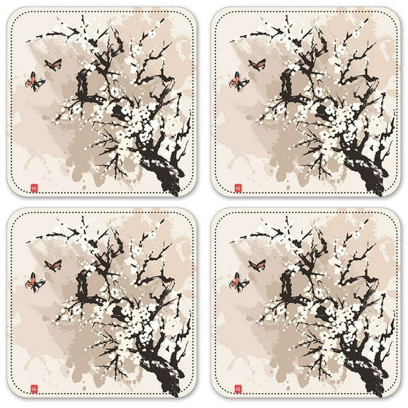 Vinyl Drink Coasters - Set of 4 - Cherry Blossoms and Butterflies