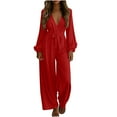 thumbnail image 2 of OVBMPZD Long Sleeve Womens Jumpsuit Red Wide Leg Boho Tie Front Flowy Baggy V Neck Jumpsuits Rompers for Mom XXL, 2 of 8