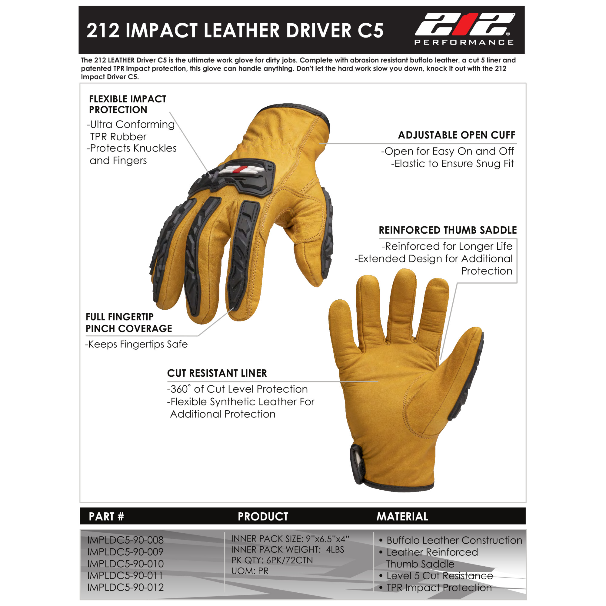 212 Performance IMPLDC5-90-011 Cut Resistant Impact Leather Driver Gloves (EN Level 5), X-Large - image 5 of 6