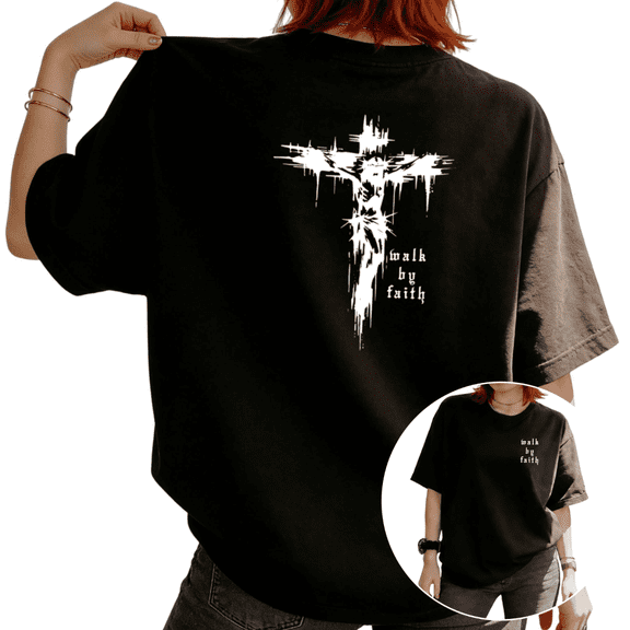 Women Walk By Faith Cross Back Print Graphic Tees T Shirt Tops Round neck Printed Cotton Washed T Shirt Black S-5XL