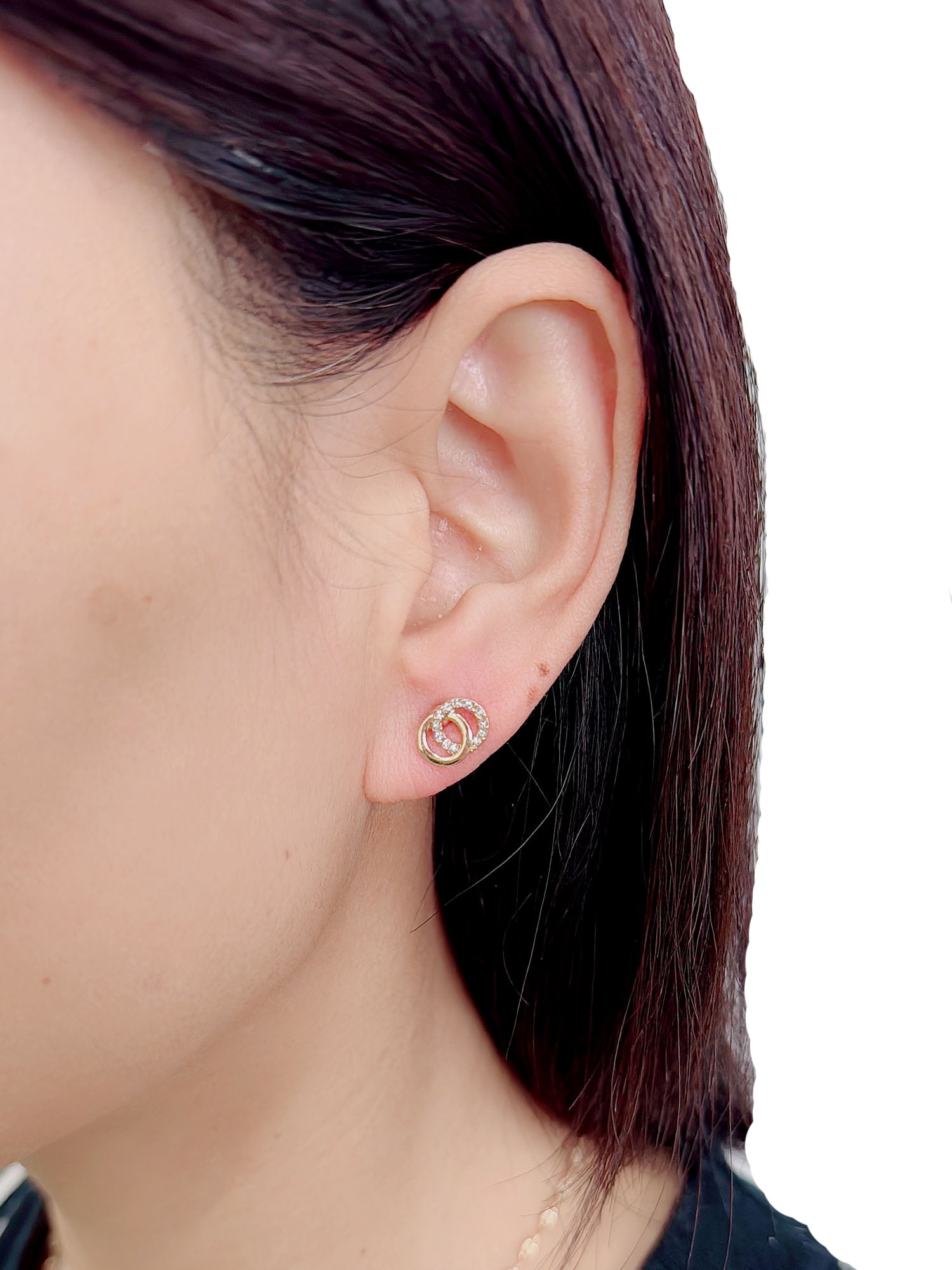 Time and Tru Interlocking Circles with Stones Earrings and Necklace 2 Piece Set Gold Plated for Female Adults and Teens