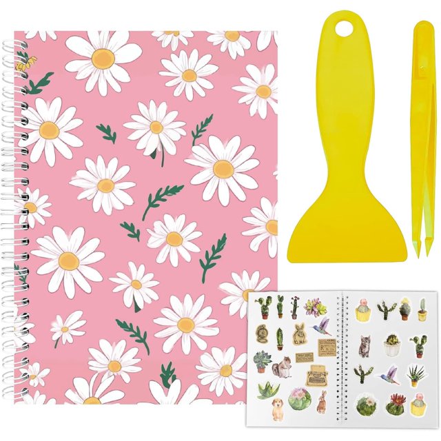 Álbum de pegatinas reutilizable con diseño de margaritas y flores rosas, tamaño A5, 40 hojas, organizador de pegatinas reutilizables, libro de almacenamiento, libro de pegatinas con pinzas y espátula.