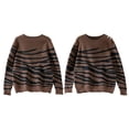 thumbnail image 2 of Women'S Casual Round Neck Long Sleeve Pullover Sweater Fall Winter Contrast Striped Shoulder Button Knit Coffee S, 2 of 6