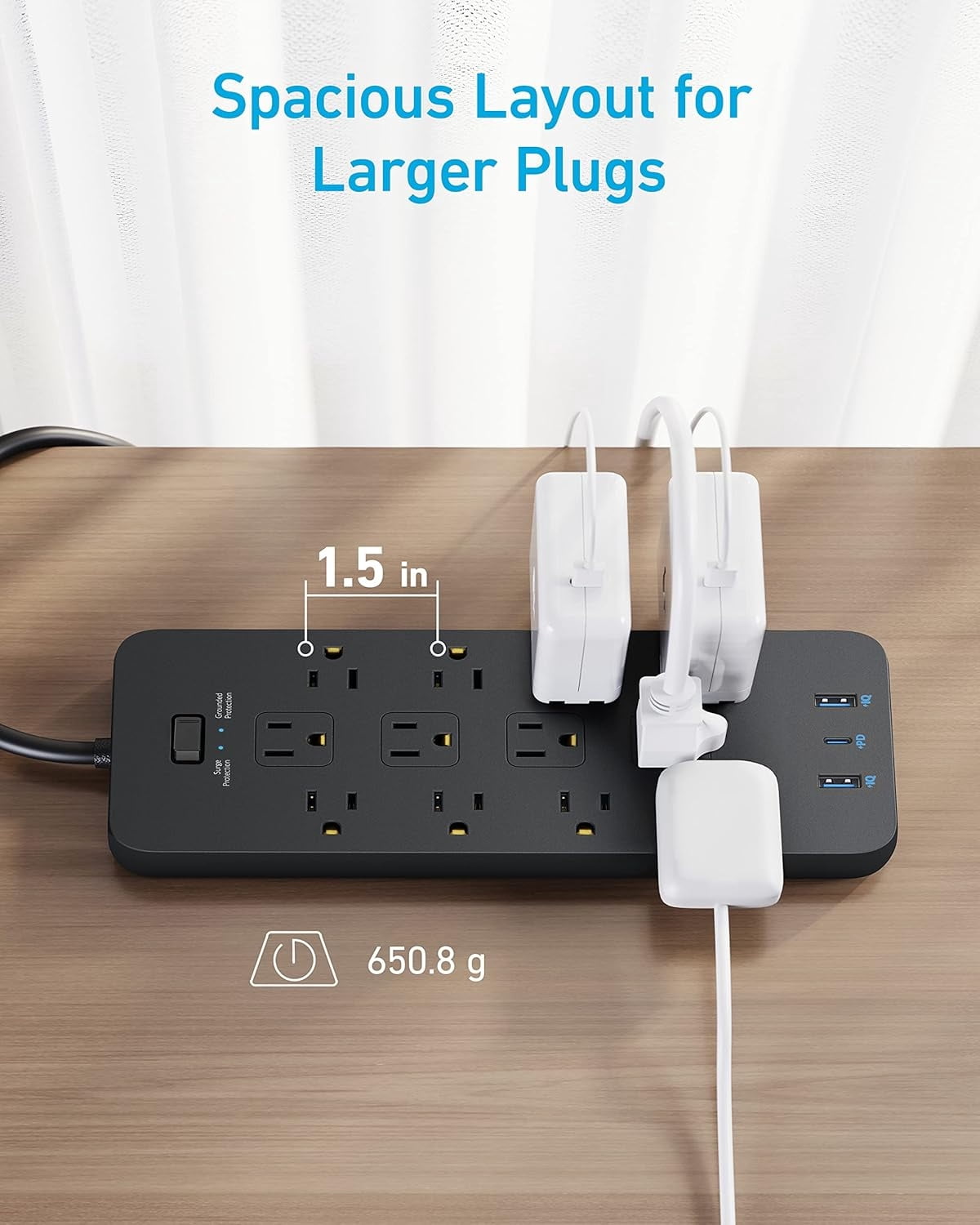 Surge Protector Power Strip (2100J), 12 Outlets with 1 USB C and 2 USB Ports ,  Extension Cord, Flat Plug, 20W USB C Charging for Home, Office,TUV Listed
