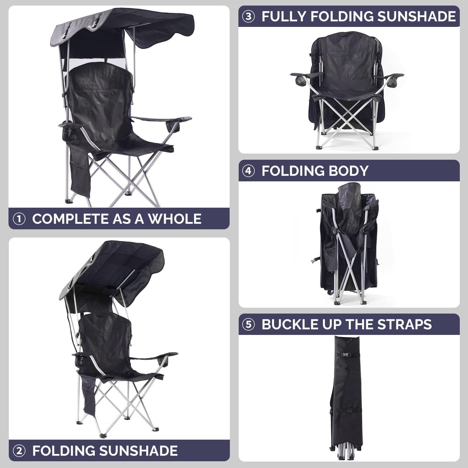 VTOY Folding Chair with Canopy Portable Chair with Shade for Outside Beach Chairs for Adults Chair with Shade Canopy Camping Chairs for Outdoors(Black)