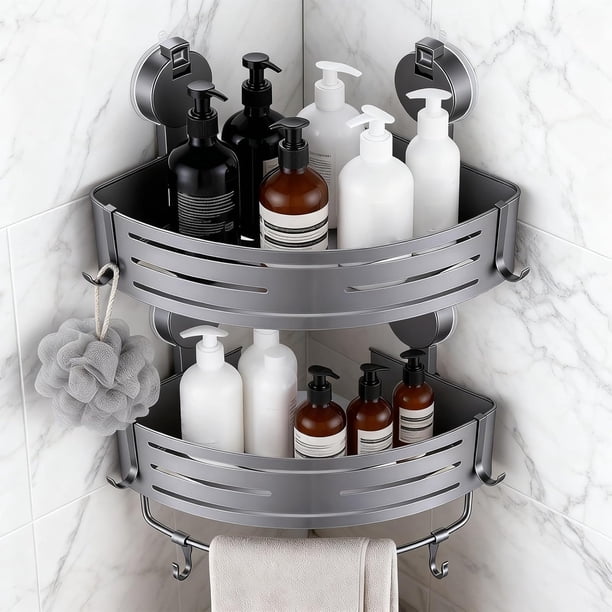 OSLIFE Esquinero para Baño Regadera, 2 Piezas Estante para Baño con Ganchos y Barra para Toallas, Organizador de baño Mueble con Ventosa Fácil Instalar
