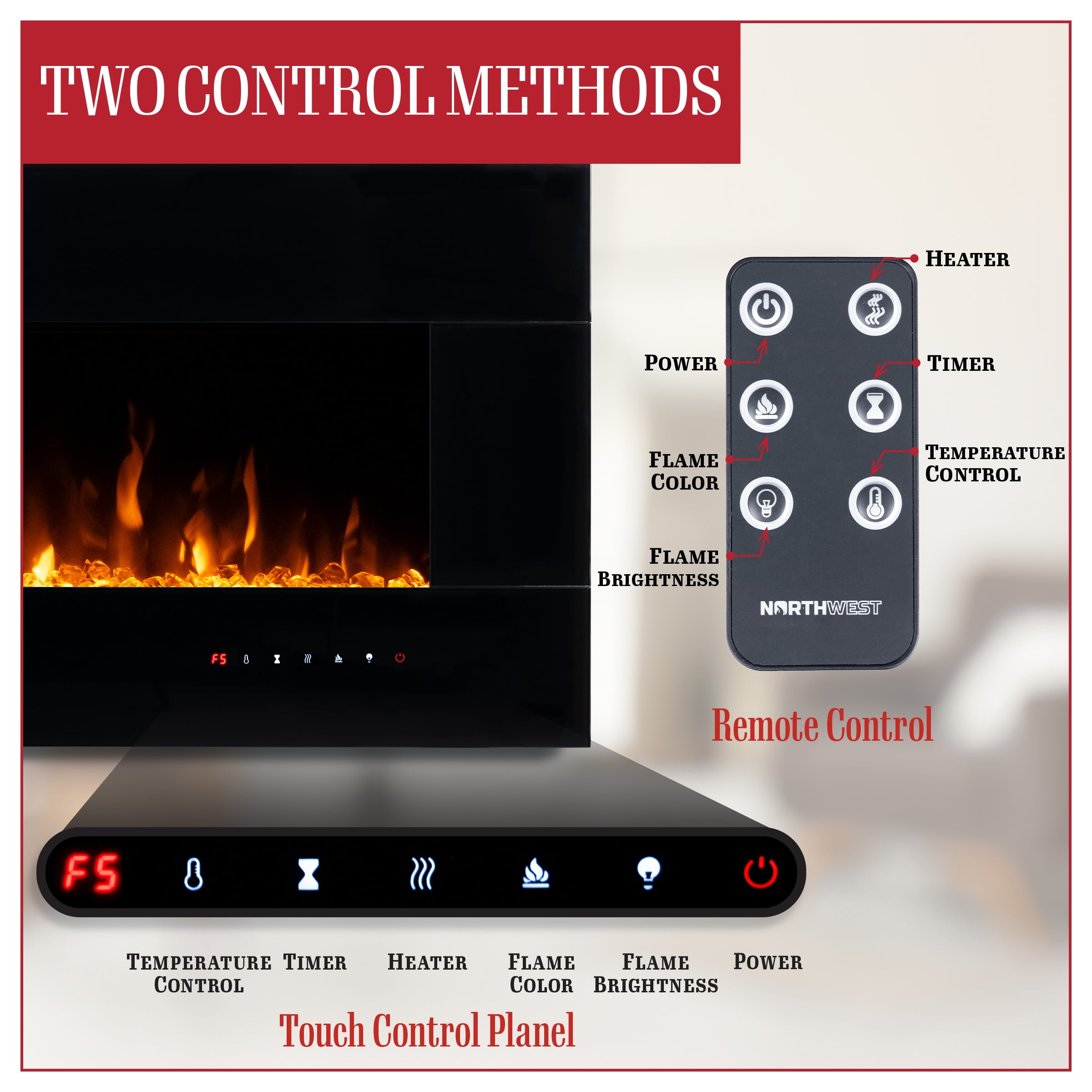 Northwest 72in Wall Mount Electric Fireplace with Bluetooth Speakers, Black