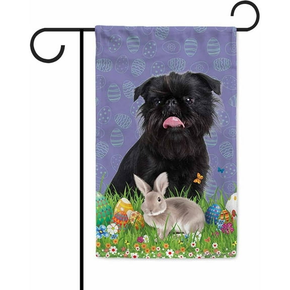 Easter Bunny with Dog Black Colour Brussels Griffon Garden Flag Colorful Eggs Spring Flowers Holiday Outdoor Home Yard Decoration Banner 12.5 X 18 Inch