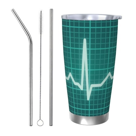 

KLL ECG Wave Print 40oz Stainless Steel Insulated Car Cup with Spillproof Lid - Keep Your Drink Hot or Cold on the Go-Straw Three-piece Set