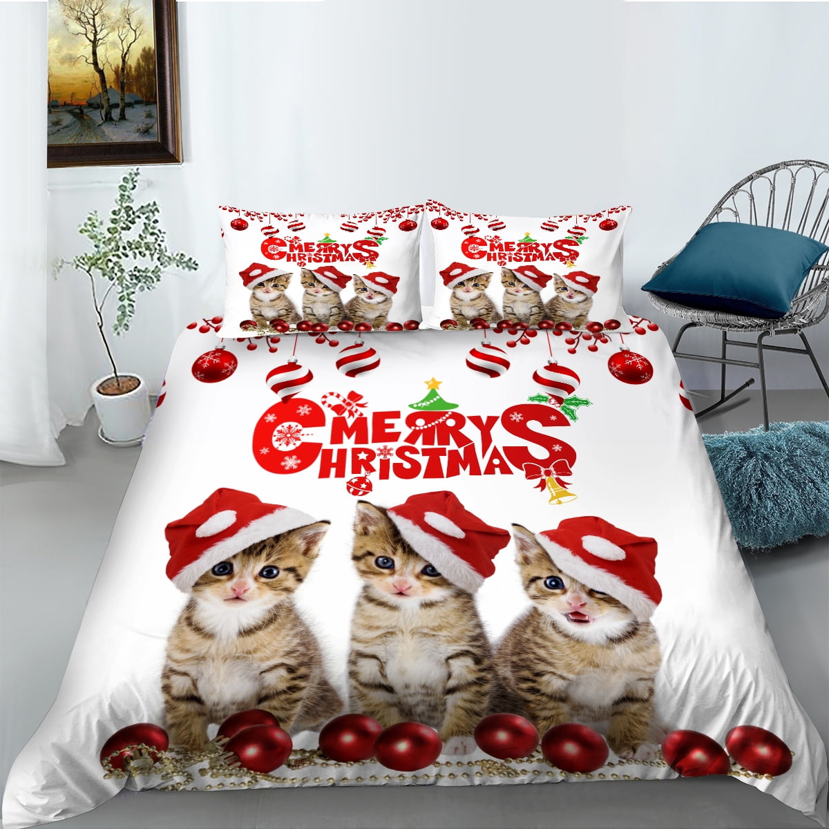 3D Cute Cartoon Christmas Cat Duvet Cover Set Kids Adult Bedding