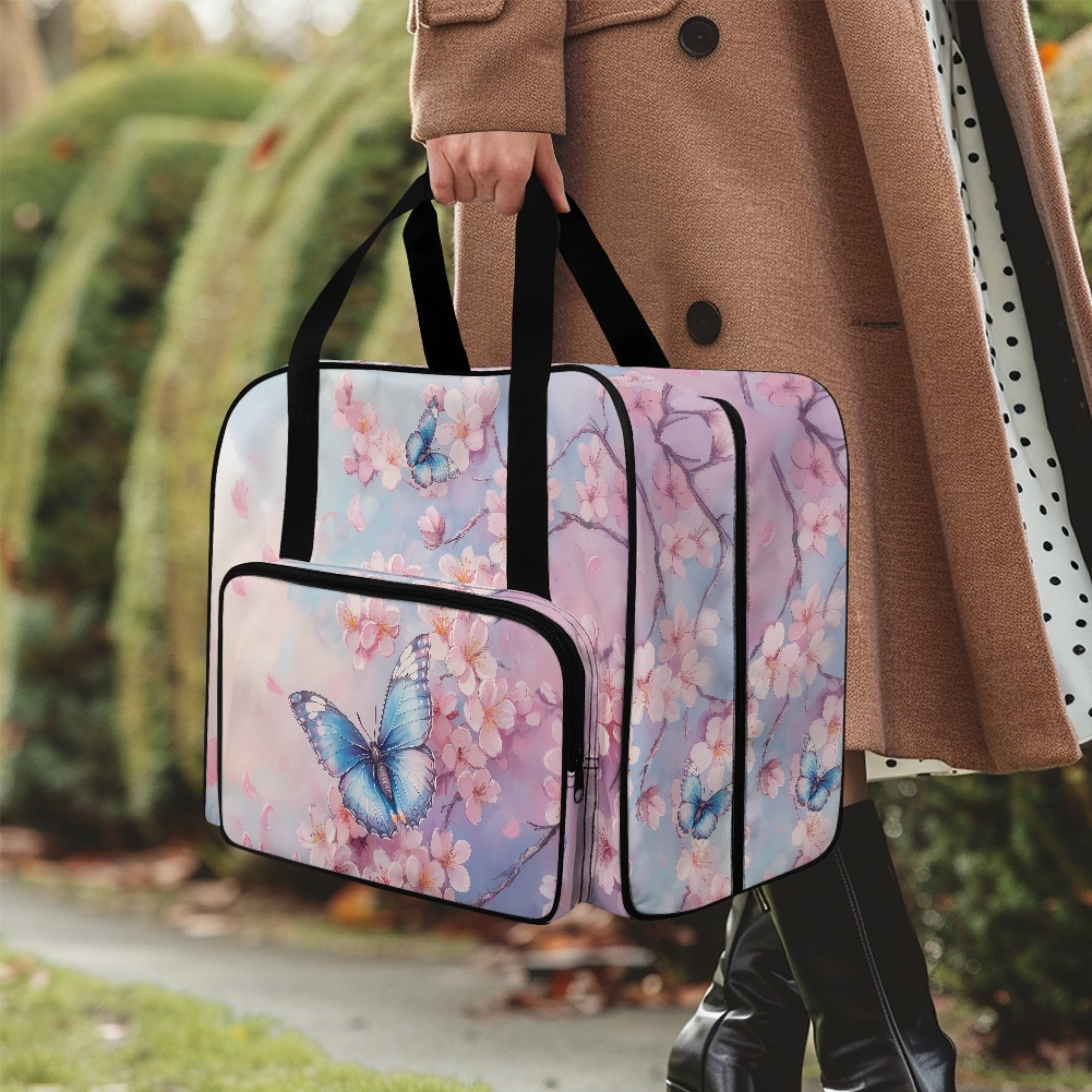 ZIATUBLE Butterfly Zippered Travel Bag Cherry Blossom Portable Carrying Totes Stain Resistant Sewing Machine Supplies Organizer Suitable for Most Standard Sewing Machine Accessories