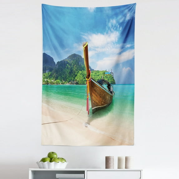 Beach Tapestry, Traditional Boat and Sandy Coast Thailand Exotic Nature Seascape Scenery, Fabric Wall Hanging Decor for Bedroom Living Room Dorm, 5 Sizes, Azure Blue Sea Green, by Ambesonne