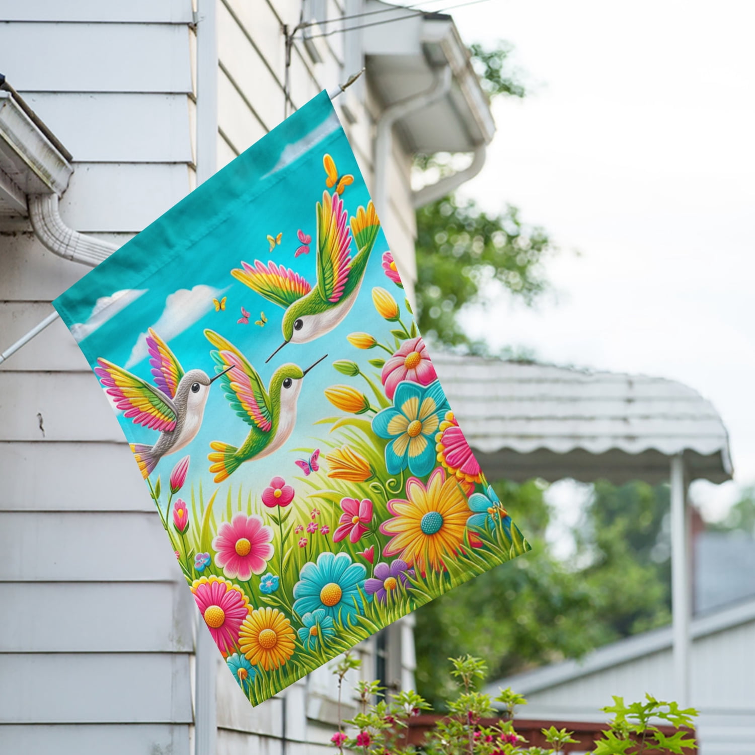 America Forever Hummingbird Spring House Flag 28 x 40 inch Double Sided Hummingbirds Colorful Flowers Butterflies Spring Seasonal Outdoor Yard Decorative Flag