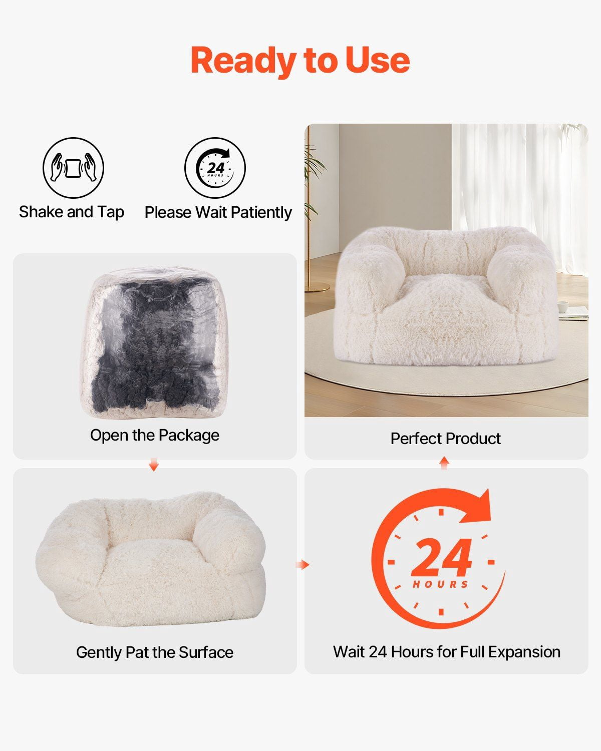 Fluffy Plush Bean Bag Chair with Armrests, High-Density Foam Support, Removable Zippered Cover, Ideal Relaxation Chair for Bedroom, Beige