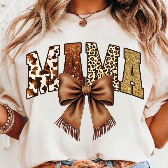 Western Cowgirl Mama T-Shirt, Howdy Coquette Bow Mom Tee, Brown Cowhide Cheetah Glitter Shirt, Western Mom Life T-Shirt