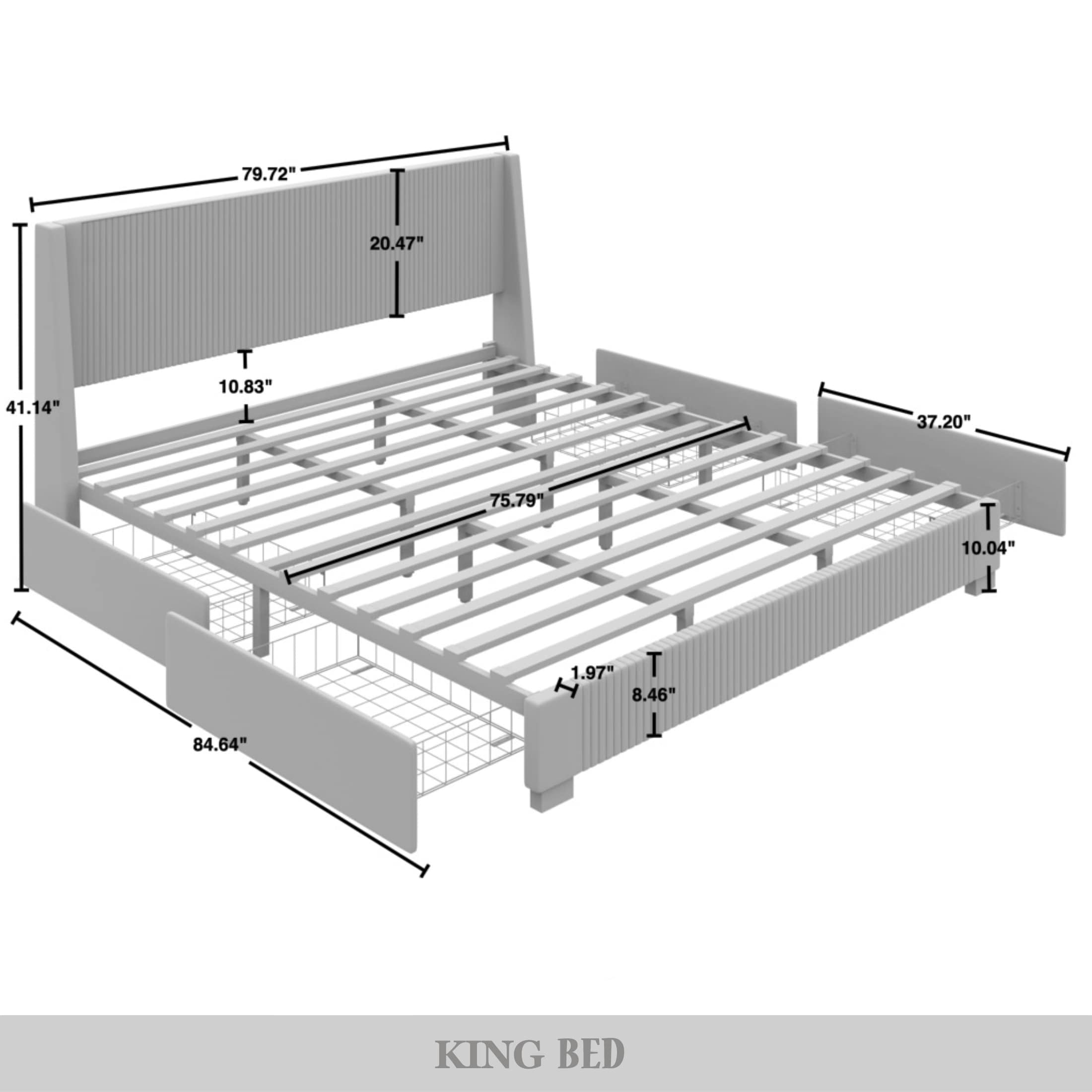 Castle Place Corduroy Velvet King Platform Bed With Storage, Grey