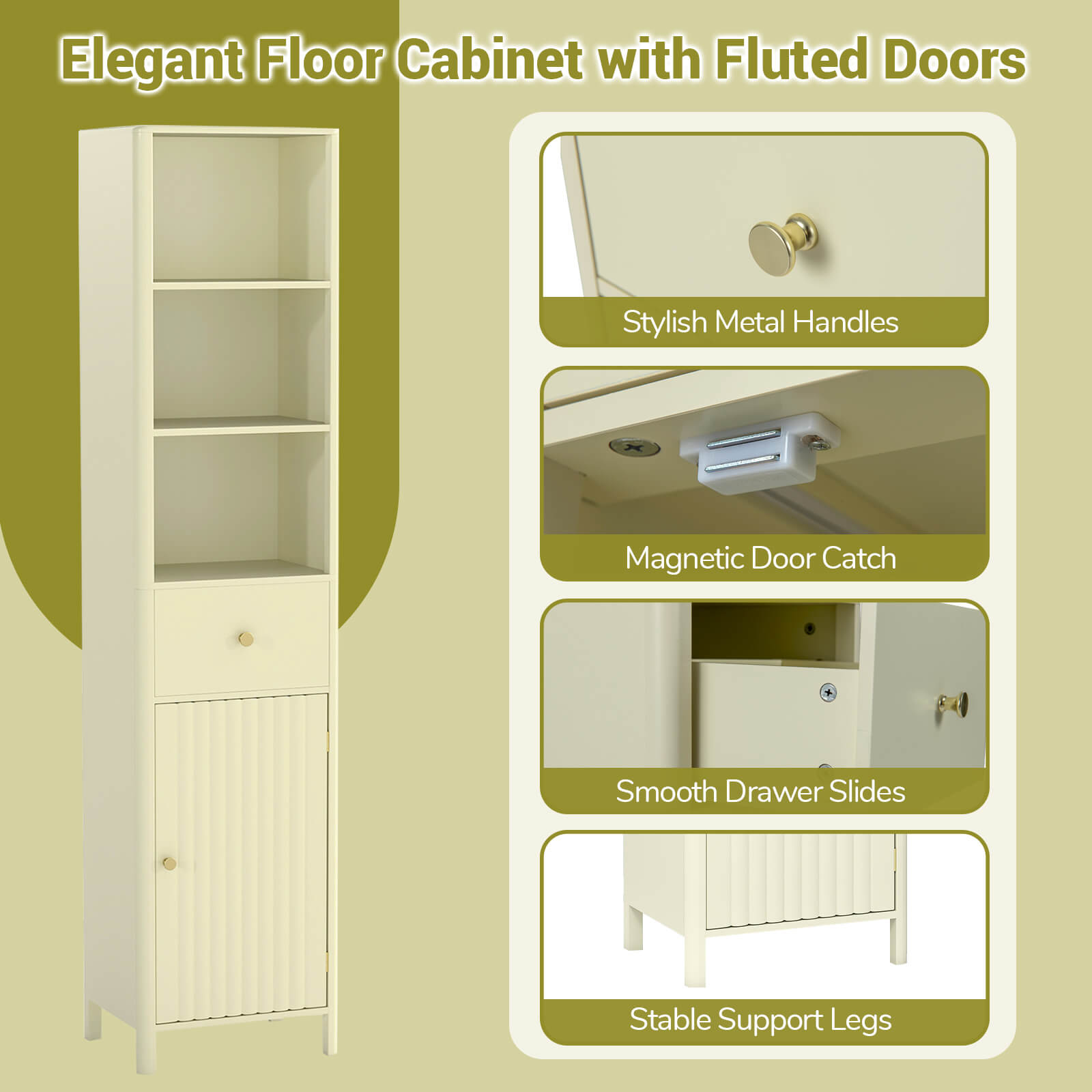 Costway 67” Tall Bathroom Cabinet with 3 Open Shelves, 1 Drawer, Adjustable Interior Shelf Off-white