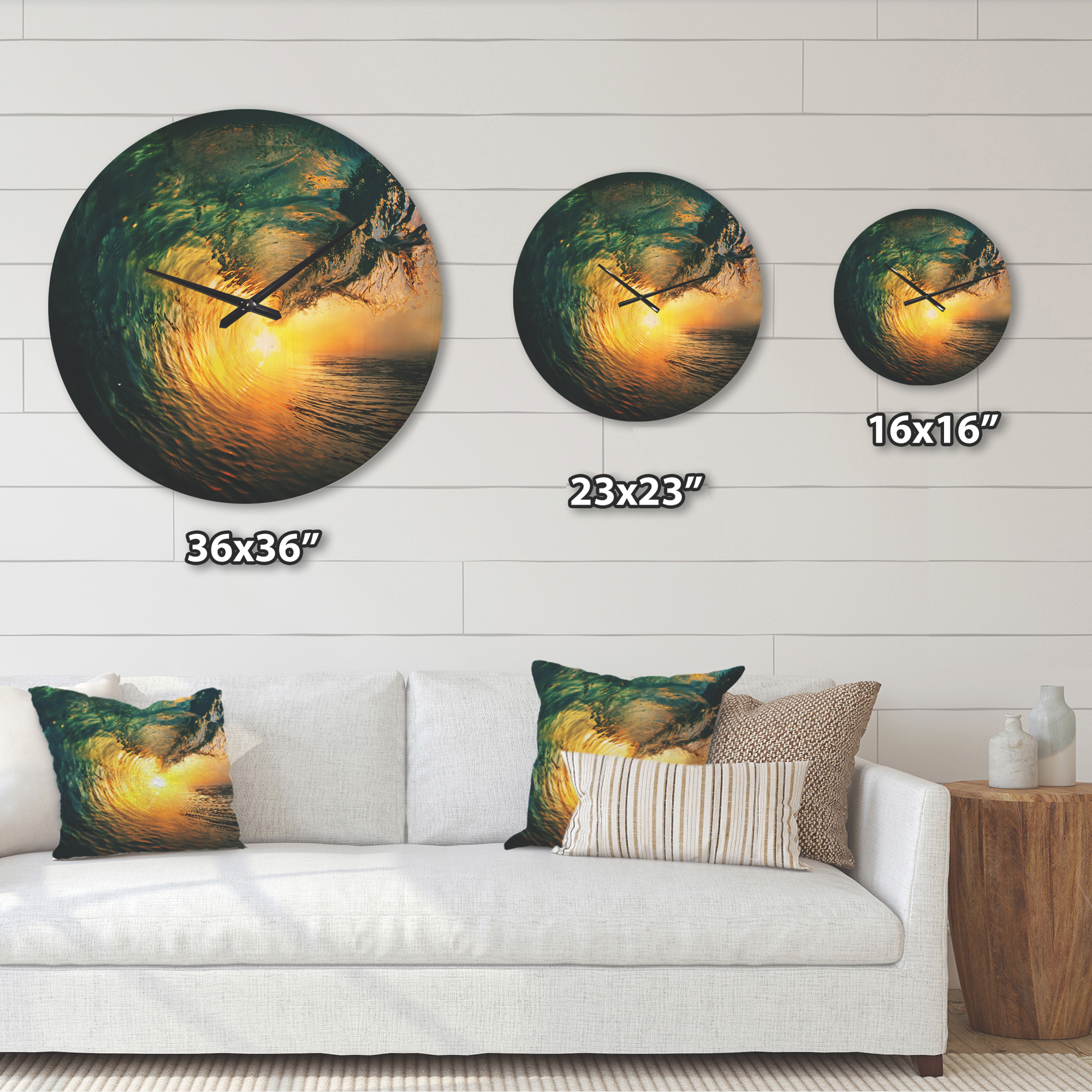 Designart 'Colored Ocean Waves Falling Down At Sunset VI' Coastal Wood Wall Clock