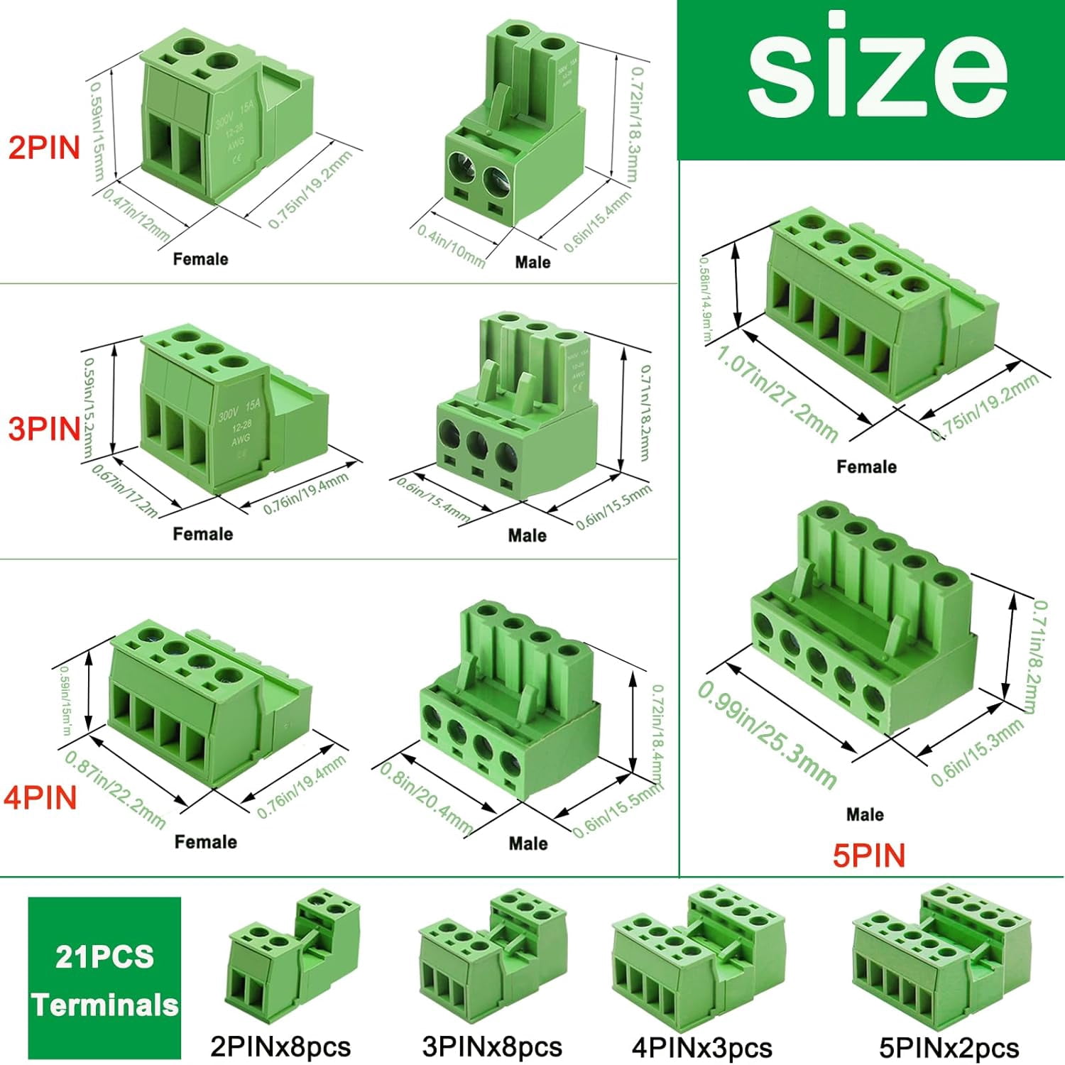 21 screw terminal block connector kit 5.08 spacing pluggable (2345)30015 suitable for 28-12 cable