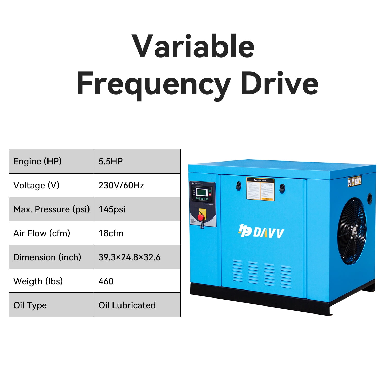 HPDMC 5.5HP Rotary Screw Air Compressor, 230V 1-Phase/3-Phase, 18 CFM @ 145 PSI, Industrial Oil-Lubricated Air Pump with Variable Frequency Drive & Touch Screen Control, 39.3''×24.8''×32.6''