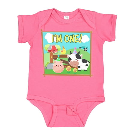

Inktastic I m One! Farm Animals Wearing Birthday Party Hats Gift Baby Boy or Baby Girl Bodysuit
