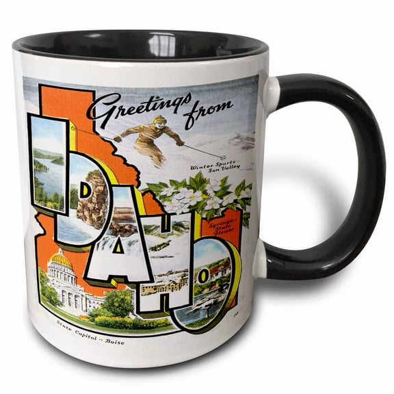 3drose, Greetings from Idaho Sun Valley Boise with Scenes from the State, 11oz Two-tone Black Mug