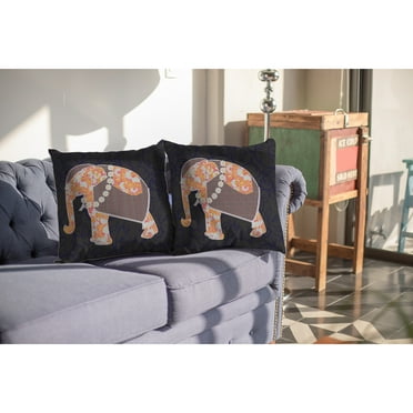 Flower Elephant Indoor/Outdoor Fabric Pillow with Zip in Orange on Green16x16