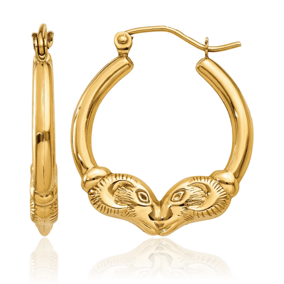14K Solid Yellow Gold Ram Medium Hoop Earrings