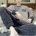 thumbnail image 6 of Skymirror 2 Pcs/Set Men Winter Pajamas Set Round Neck Long Sleeve Thick Twisted Texture Loose Elastic Waist Warm Soft Pockets Solid Color Men Homewear Top Pants Set, 6 of 8