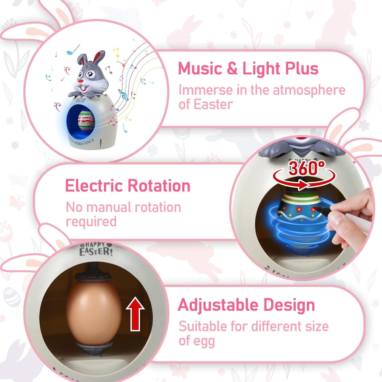CEDQ Easter Egg Decorator Kit - Bunny Decorating Spinner Arts and Crafts Set with Music and Light, DIY Easter Eggs Coloring Kit with 3 Eggs & 8 Colorful Markers, Easter Gift for Kids Boys Girls Party